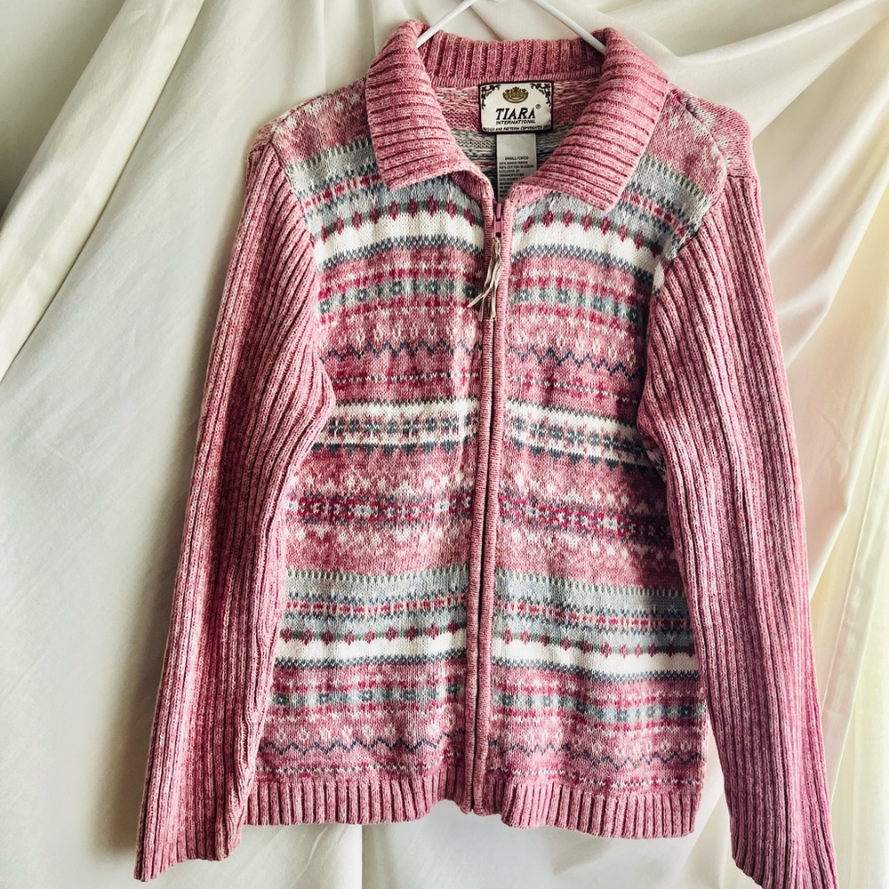 Tiara Pink & White Fair Isle Zip Cardigan